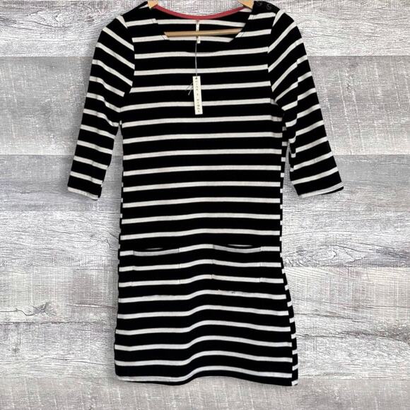 Nine 1 Eight NEW Knit Fitted Mini Dress S Black White Stripe Cotton Pockets - Picture 1 of 8